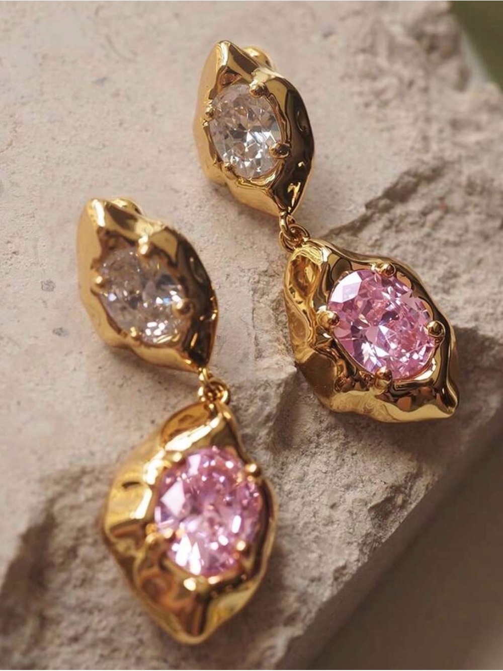 Gold Drop Earrings with Pink and Clear Stones